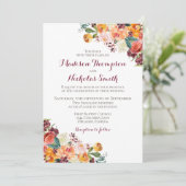 オレンジとマルーンの秋の花の結婚式招待状カード 招待状 (スタンド正面)