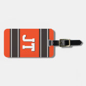 オレンジとミディアムブラウンスポーツストライプのパーソナライズされた ラゲッジタグ (正面横)