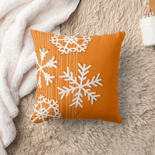 オレンジとモダン白いクリスマスの白い雪の結晶 クッション (ブランケット)