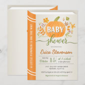 オレンジとライトグリーンの本の表紙風にデザインされた、ジェンダーニュートラルなベビーシャワーの招待状 招待状 (正面/裏面)