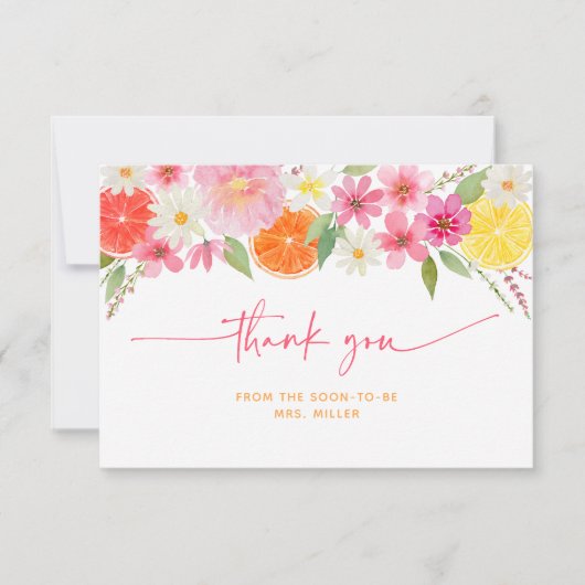 オレンジとレモンの花のあるウェディングシャワーのお礼カード サンキューカード (正面)