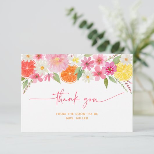オレンジとレモンの花のあるウェディングシャワーのお礼カード サンキューカード (スタンド正面)