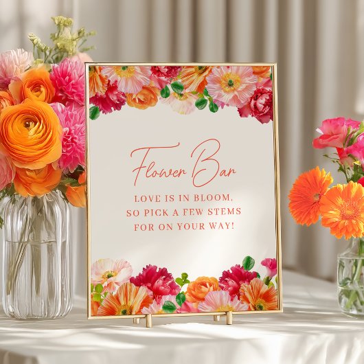 オレンジと明るいピンクのブライダルシャワー花バー ポスター