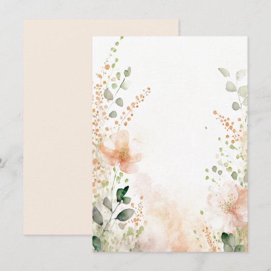 オレンジと桃の水彩花柄の空白の結婚式 招待状 (正面/裏面)
