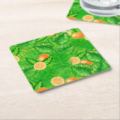 オレンジと熱帯葉の スクエアペーパーコースター (アングル)