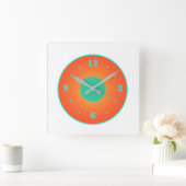 オレンジと白いバックグランドクロックにアクアグリーン スクエア壁時計 (ホーム)