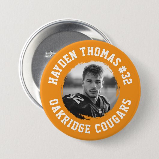 オレンジと白のアスリート名ジャージー番号写真 缶バッジ (正面&裏面)