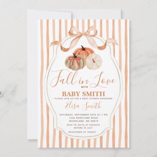 オレンジと白のカボチャが恋に落ちる ベビーシャワーパーティー 招待状 (正面)