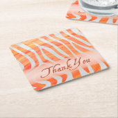 オレンジと白のゼブラパターンありがとう スクエアペーパーコースター (アングル)
