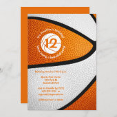 オレンジと白のチームカラーの子供向けバスケットボールパーティー 招待状 (正面/裏面)