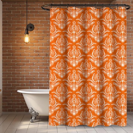 オレンジと白のフローラアールデコパターン シャワーカーテン