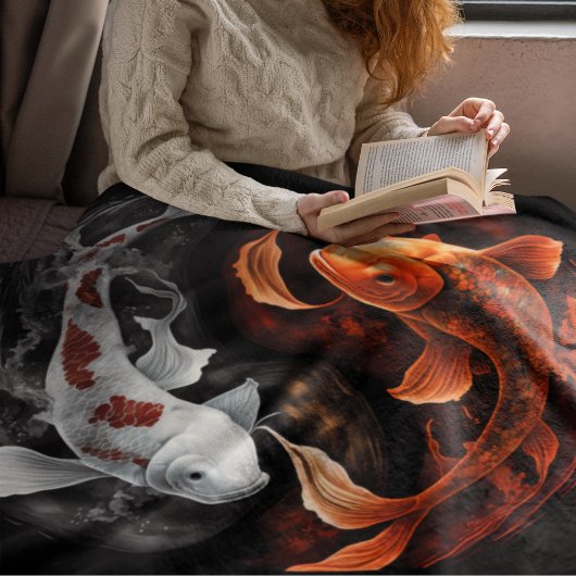 オレンジと白のラッキーフィッシュコイ日本美術 フリースブランケット