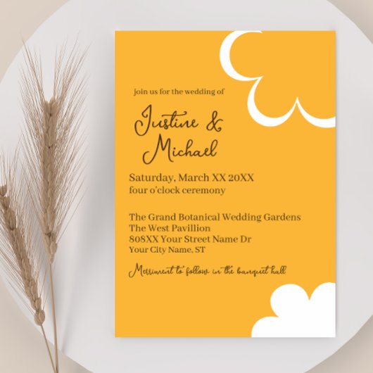 オレンジと白のレトロな花の結婚式 招待状