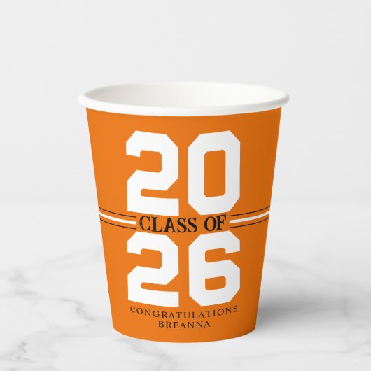 オレンジと白の卒業生パーソナライズされた成 紙コップ (正面)