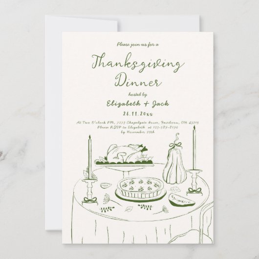 オレンジと白の手描きテーブル感謝祭パーティー 招待状 (正面)