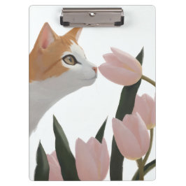オレンジと白の猫のフラワーデザイン クリップボード