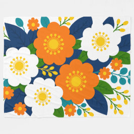 オレンジと白の花が咲くカラフルなフラワーアート フリースブランケット