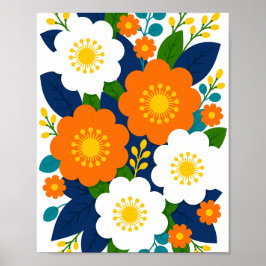オレンジと白の花が咲くカラフルなフラワーアート ポスター
