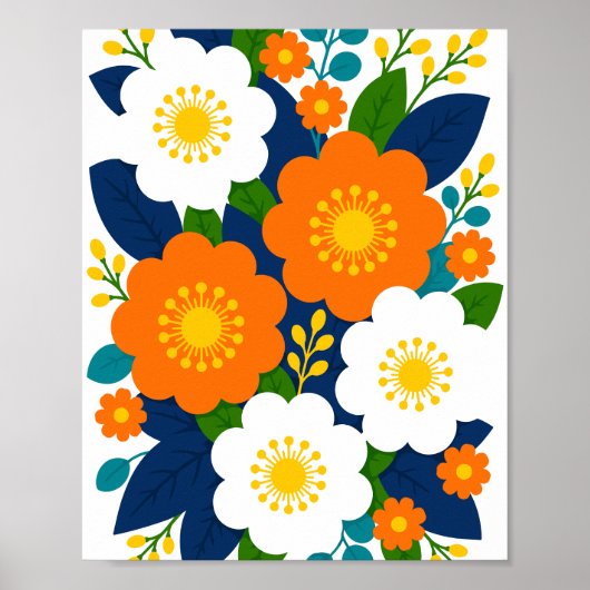 オレンジと白の花が咲くカラフルなフラワーアート ポスター (正面)