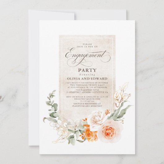 オレンジと白の花のエレガント婚約パーティ 招待状 (正面)
