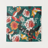 オレンジと白の花のヴィンテージシームレスイラスト タペストリー (正面(横))