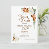 オレンジと白の花柄 100歳の誕生日ディナーパーティー 招待状 (スタンド正面)