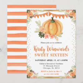 オレンジと白の花模様のカボチャ 秋のスイート16 招待状