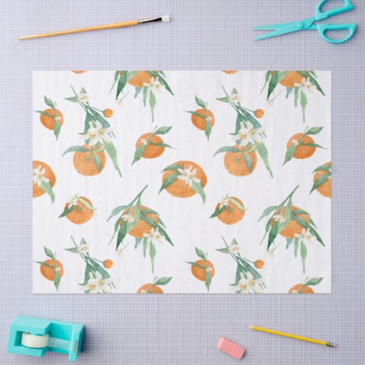 オレンジと白の花模様の葉の水彩画 薄葉紙 (クラフト)