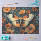 オレンジと白の蛾の花柄デコパージュ 薄葉紙 (クラフト)