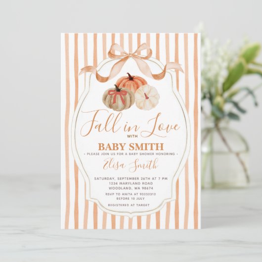 オレンジと白カボチャ秋の愛の赤ちゃんシャワー 招待状 (スタンド正面)