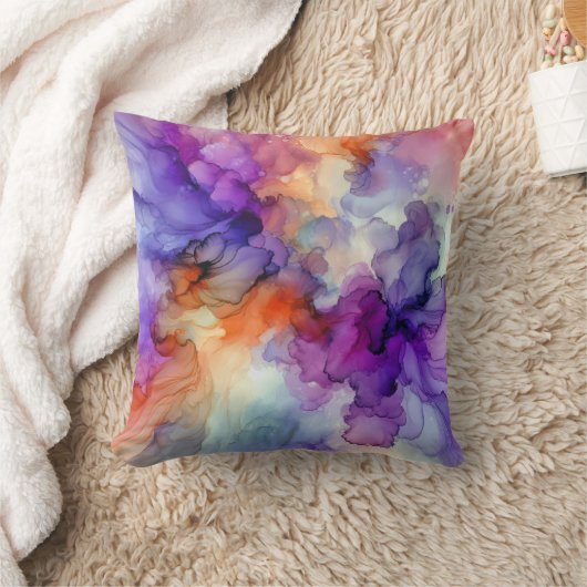 オレンジと紫のアルコールインク抽象芸術 クッション (ブランケット)