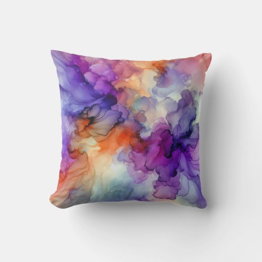オレンジと紫のアルコールインク抽象芸術 クッション (正面)
