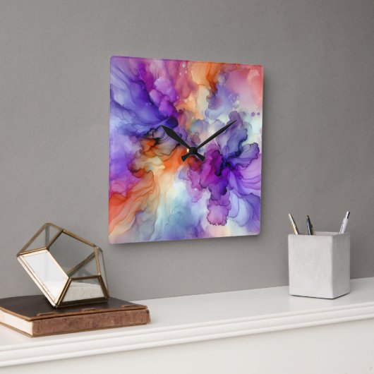 オレンジと紫のアルコールインク抽象芸術 スクエア壁時計 (オフィス)