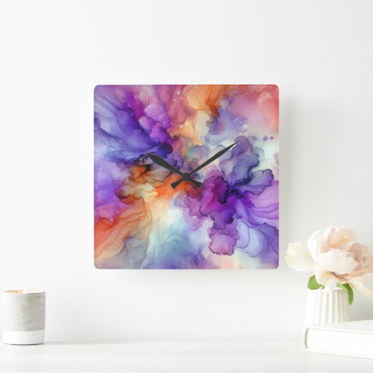 オレンジと紫のアルコールインク抽象芸術 スクエア壁時計 (ホーム)