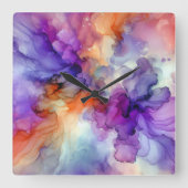 オレンジと紫のアルコールインク抽象芸術 スクエア壁時計 (正面)