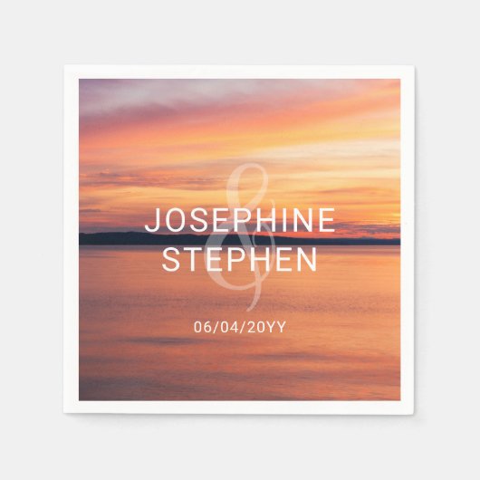 オレンジと紫のサンセットフォトカスタムウェディング スタンダードカクテルナプキン (正面)