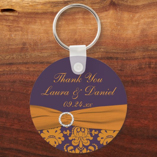 オレンジと紫のダマスクの結婚式のお気に入りキーチェーン キーホルダー (正面)
