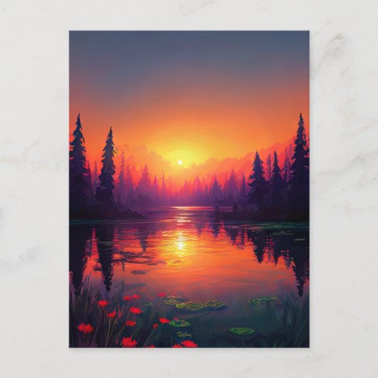 オレンジと紫の夕日の光に照らす ポストカード (正面)