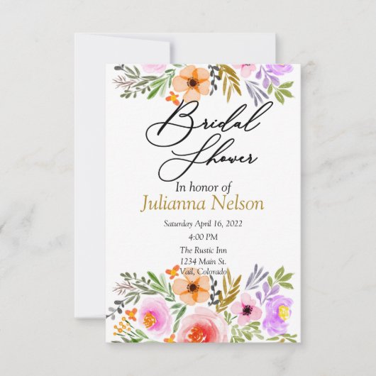 オレンジと紫の水彩花イラストの招待状 招待状 (正面)