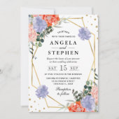 オレンジと紫の花の金ゴールド結婚フレーム 招待状 (正面)