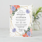 オレンジと紫の花の金ゴールド結婚フレーム 招待状 (スタンド正面)