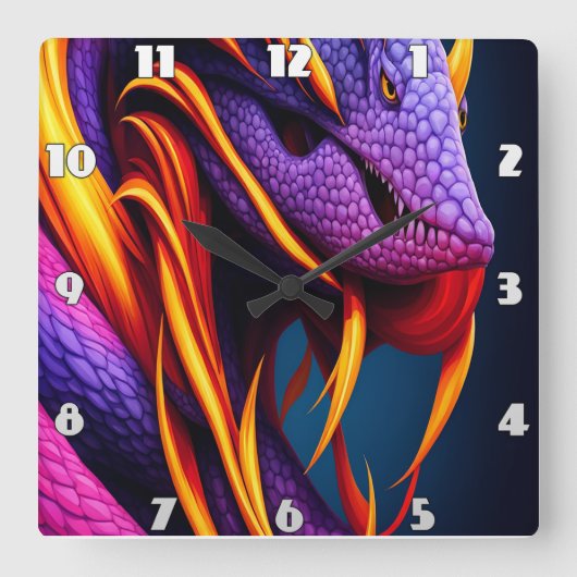 オレンジと紫鮮やかのコブラはかりで測ヘビ スクエア壁時計 (正面)