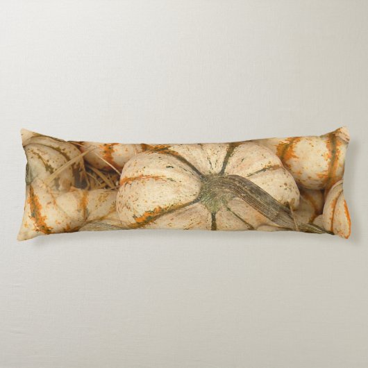 オレンジと緑のアクセントを持つ白いミニカボチャ ボディピロー (正面)