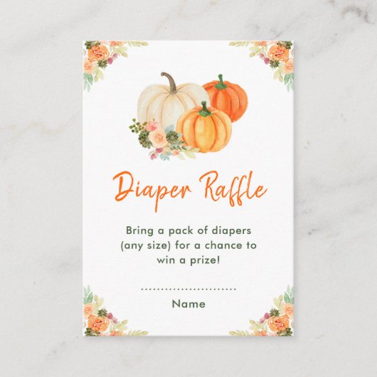 オレンジと緑のカボチャ赤ちゃんシャワーおむつラッフル エンクロージャーカード (正面)