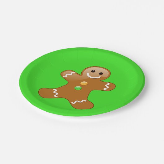 オレンジと緑のボタンを使用したジンジャーブレッドマン ペーパープレート (アングル)