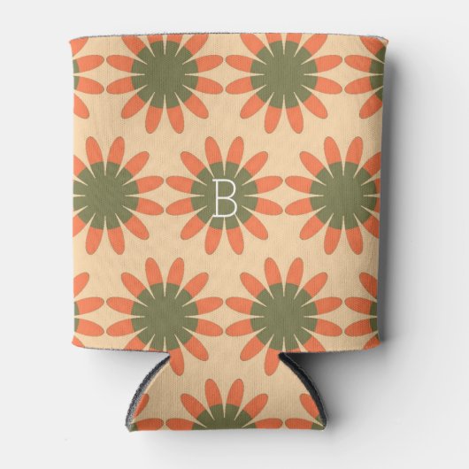 オレンジと緑のレトロの花模様 缶クーラー (正面)