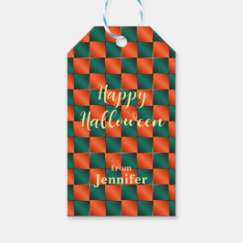 オレンジと緑の光沢のあるチェッカーボード ギフトタグ
