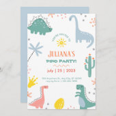 オレンジと緑の子供っぽい恐竜誕生日 招待状 (正面/裏面)