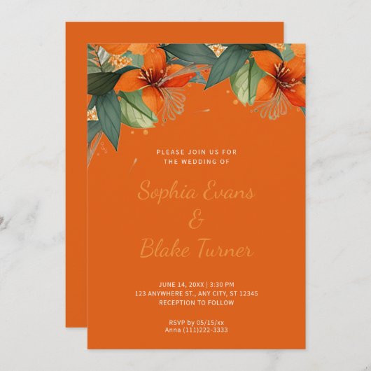 オレンジと緑の熱帯フローラオレンジ結婚ズ 招待状 (正面/裏面)