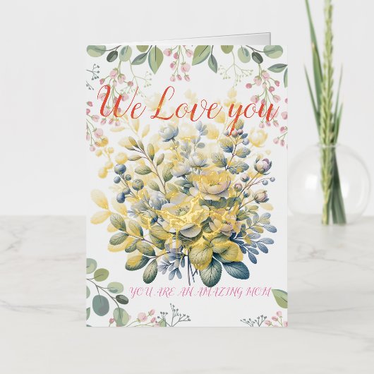 オレンジと緑の花と母の日 箔グリーティングカード (正面)